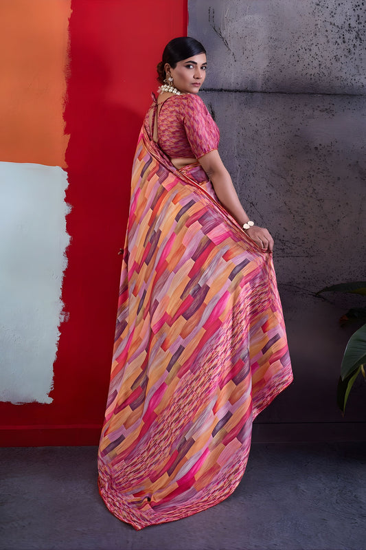 Royal Pink Cotton Printed Saree Designer Border Matching Blouse Piece