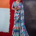 Elegant Sky Blue Cotton Printed Saree Designer Border Matching Blouse