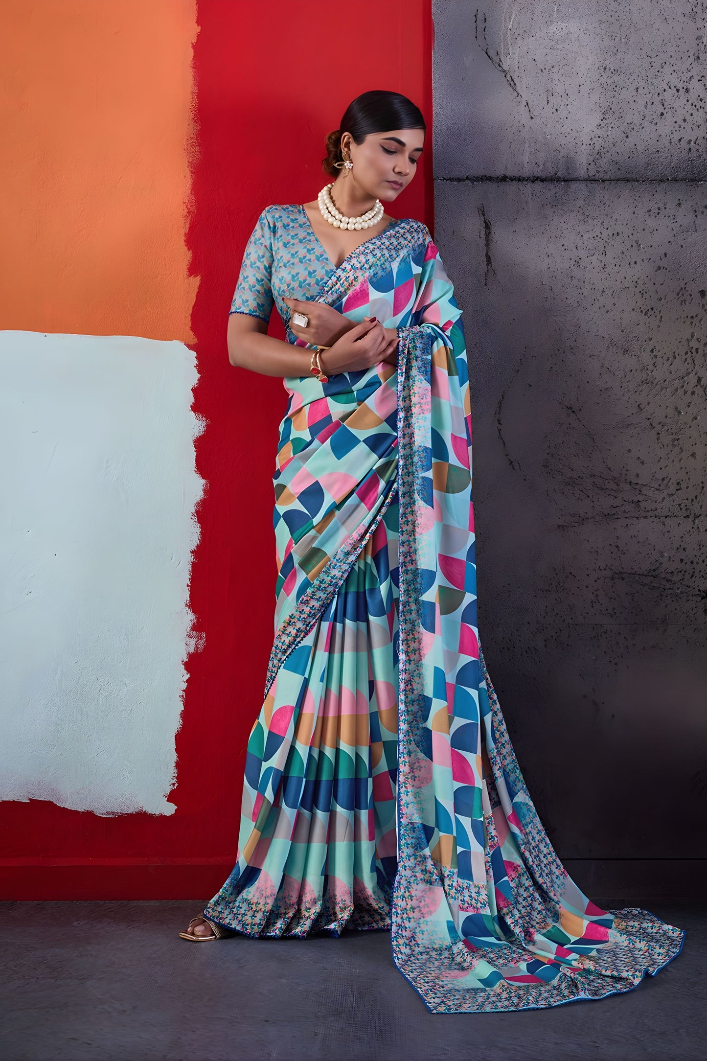 Elegant Sky Blue Cotton Printed Saree Designer Border Matching Blouse