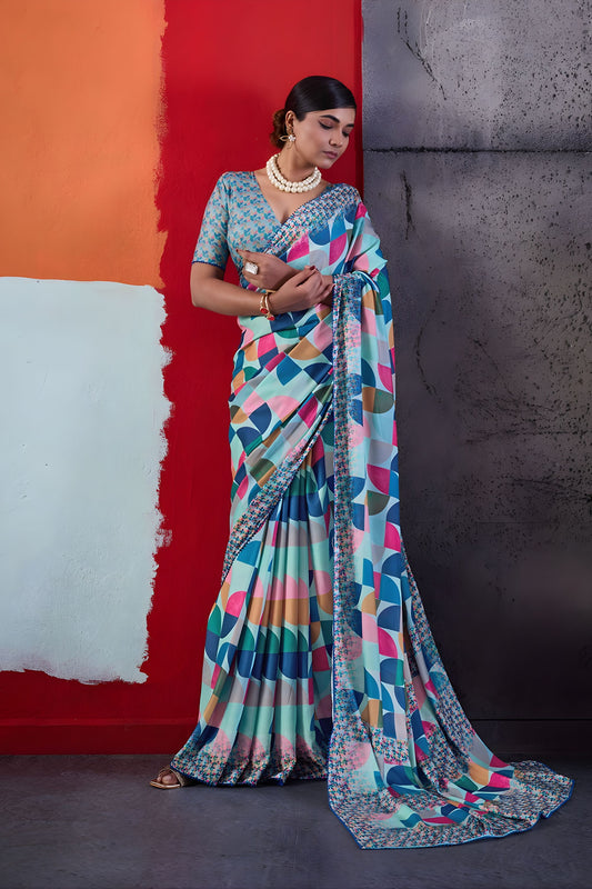 Elegant Sky Blue Cotton Printed Saree Designer Border Matching Blouse