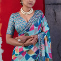 Elegant Sky Blue Cotton Printed Saree Designer Border Matching Blouse