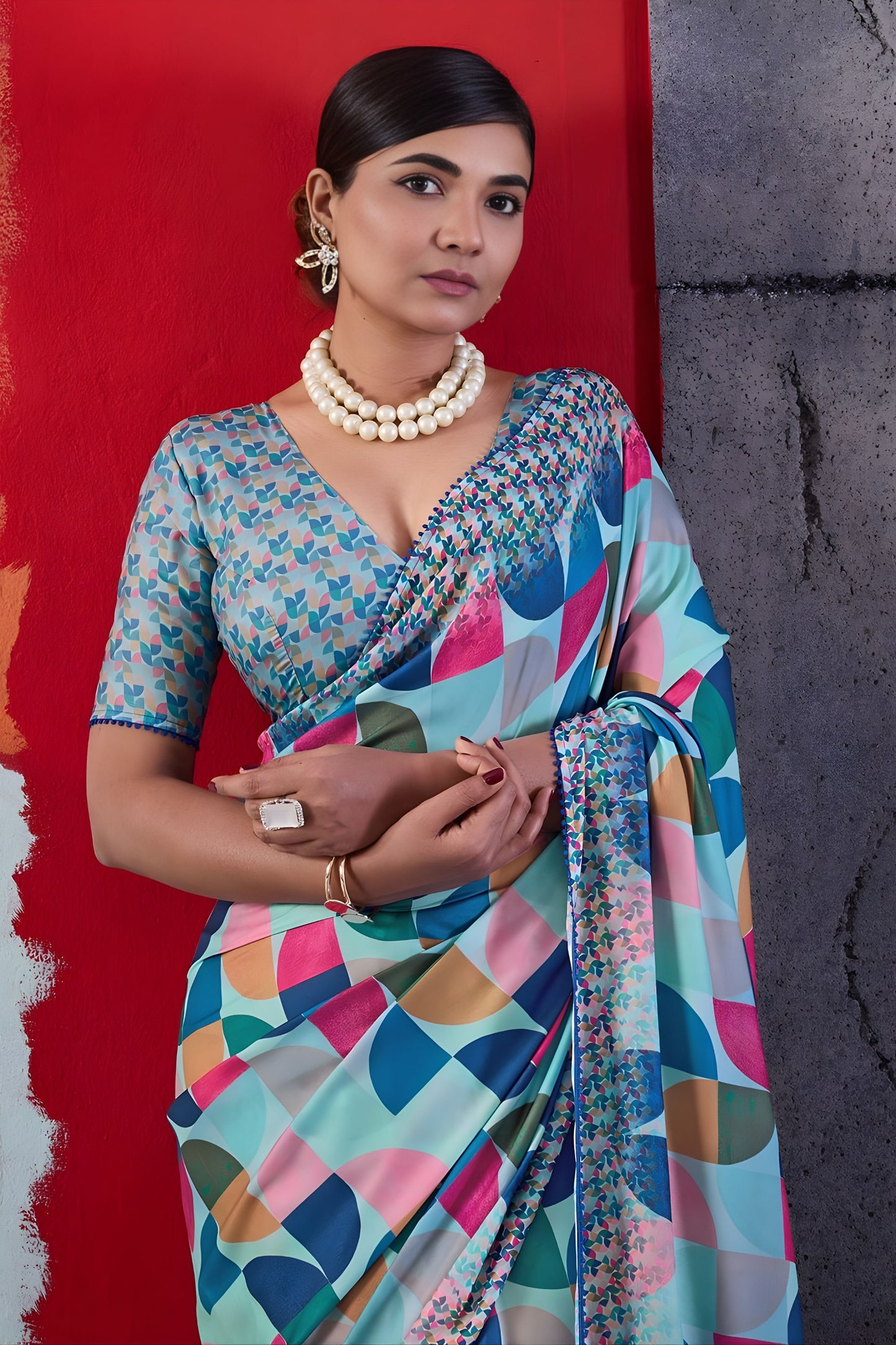 Elegant Sky Blue Cotton Printed Saree Designer Border Matching Blouse