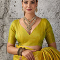 Elegant Mustard Yellow Woven Saree Rich Zari Border Blouse Piece Festive Wear