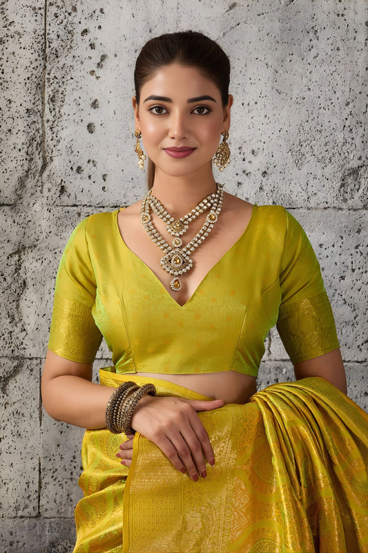Elegant Mustard Yellow Woven Saree Rich Zari Border Blouse Piece Festive Wear