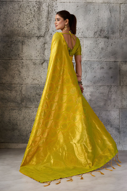 Elegant Mustard Yellow Woven Saree Rich Zari Border Blouse Piece Festive Wear