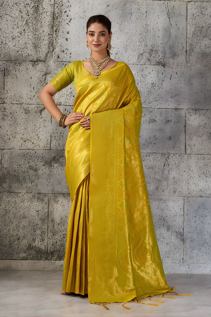 Elegant Mustard Yellow Woven Saree Rich Zari Border Blouse Piece Festive Wear