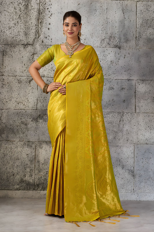 Elegant Mustard Yellow Woven Saree Rich Zari Border Blouse Piece Festive Wear