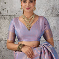 Stylish Lavender Woven Saree Rich Zari Border Blouse Piece Festive Wear