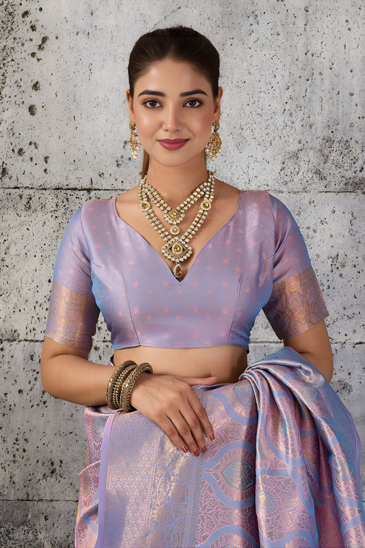 Stylish Lavender Woven Saree Rich Zari Border Blouse Piece Festive Wear