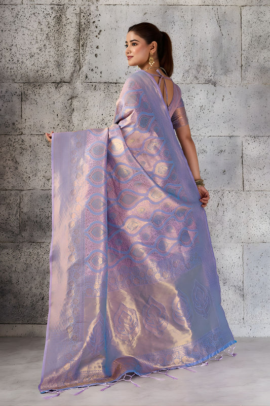 Stylish Lavender Woven Saree Rich Zari Border Blouse Piece Festive Wear