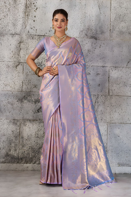 Stylish Lavender Woven Saree Rich Zari Border Blouse Piece Festive Wear