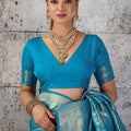 Royal Teal Blue Woven Saree Rich Zari Border Blouse Piece Festive Wear