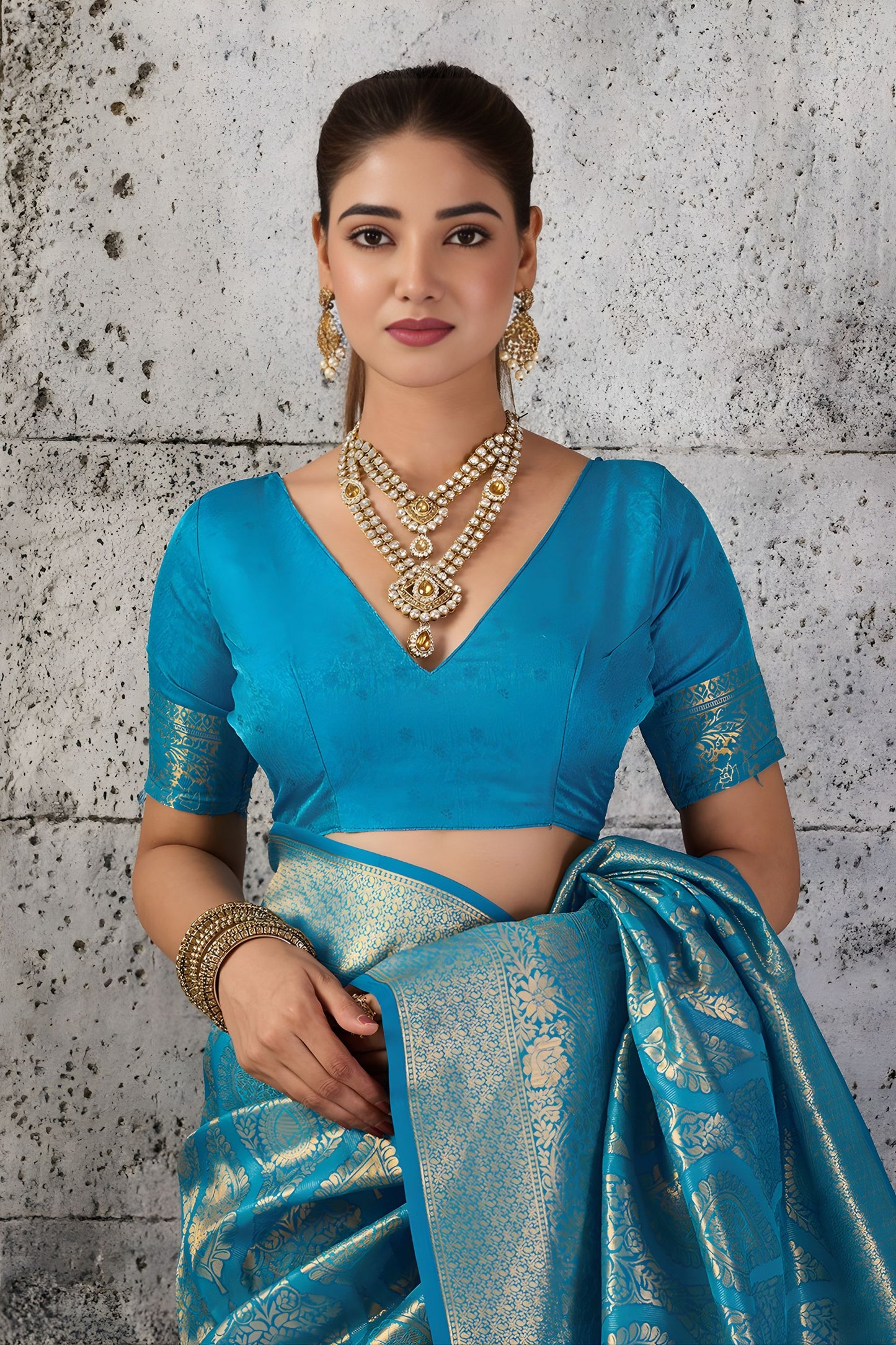 Royal Teal Blue Woven Saree Rich Zari Border Blouse Piece Festive Wear
