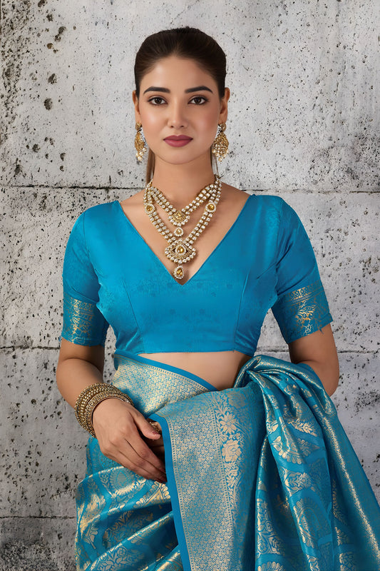 Royal Teal Blue Woven Saree Rich Zari Border Blouse Piece Festive Wear