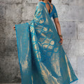 Royal Teal Blue Woven Saree Rich Zari Border Blouse Piece Festive Wear