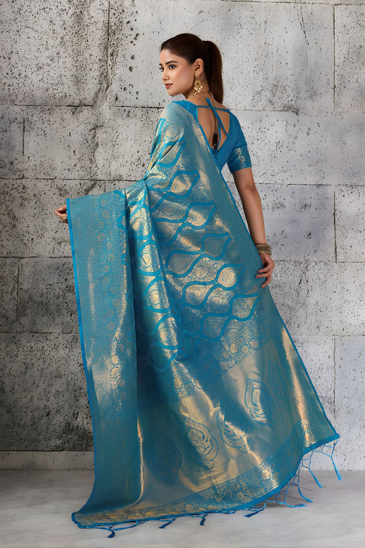 Royal Teal Blue Woven Saree Rich Zari Border Blouse Piece Festive Wear