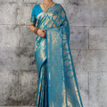 Royal Teal Blue Woven Saree Rich Zari Border Blouse Piece Festive Wear