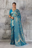 Royal Teal Blue Woven Saree Rich Zari Border Blouse Piece Festive Wear
