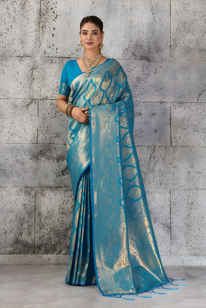 Royal Teal Blue Woven Saree Rich Zari Border Blouse Piece Festive Wear