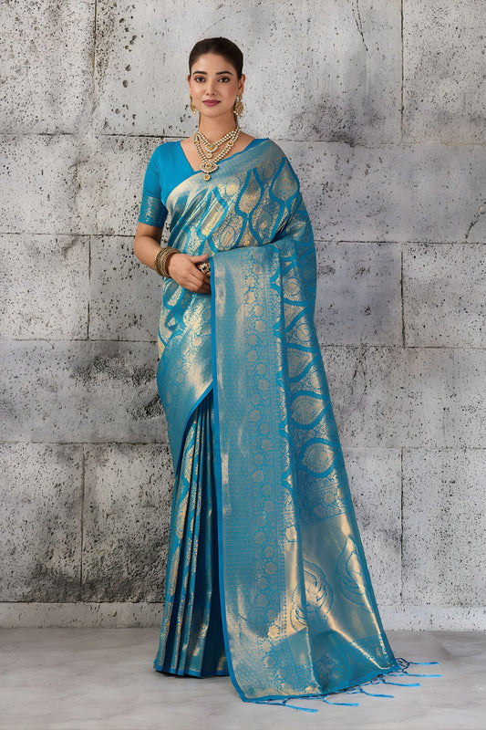 Royal Teal Blue Woven Saree Rich Zari Border Blouse Piece Festive Wear