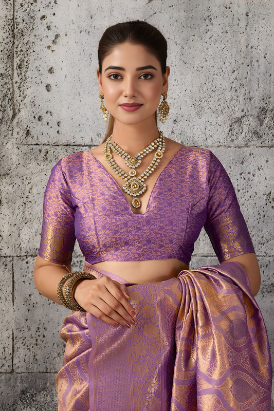 Beautiful Purple Woven Saree Rich Zari Border Blouse Piece Festive Wear