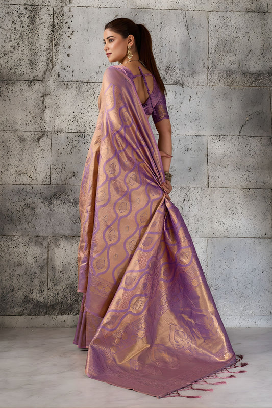 Beautiful Purple Woven Saree Rich Zari Border Blouse Piece Festive Wear