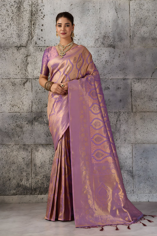 Beautiful Purple Woven Saree Rich Zari Border Blouse Piece Festive Wear