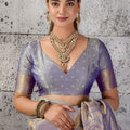 Vibrant Gray Woven Saree Rich Zari Border Blouse Piece for Festive Wear