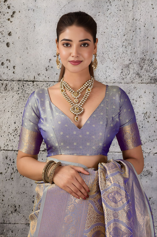 Vibrant Gray Woven Saree Rich Zari Border Blouse Piece for Festive Wear