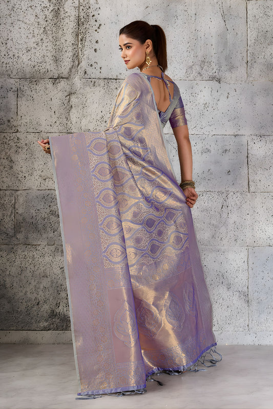 Vibrant Gray Woven Saree Rich Zari Border Blouse Piece for Festive Wear