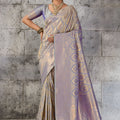 Vibrant Gray Woven Saree Rich Zari Border Blouse Piece for Festive Wear