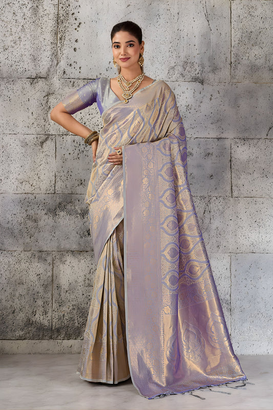 Vibrant Gray Woven Saree Rich Zari Border Blouse Piece for Festive Wear