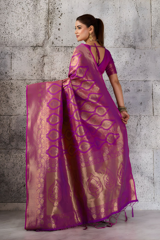 Royal Rani Pink Woven Saree Rich Zari Border Blouse Piece Festive Wear