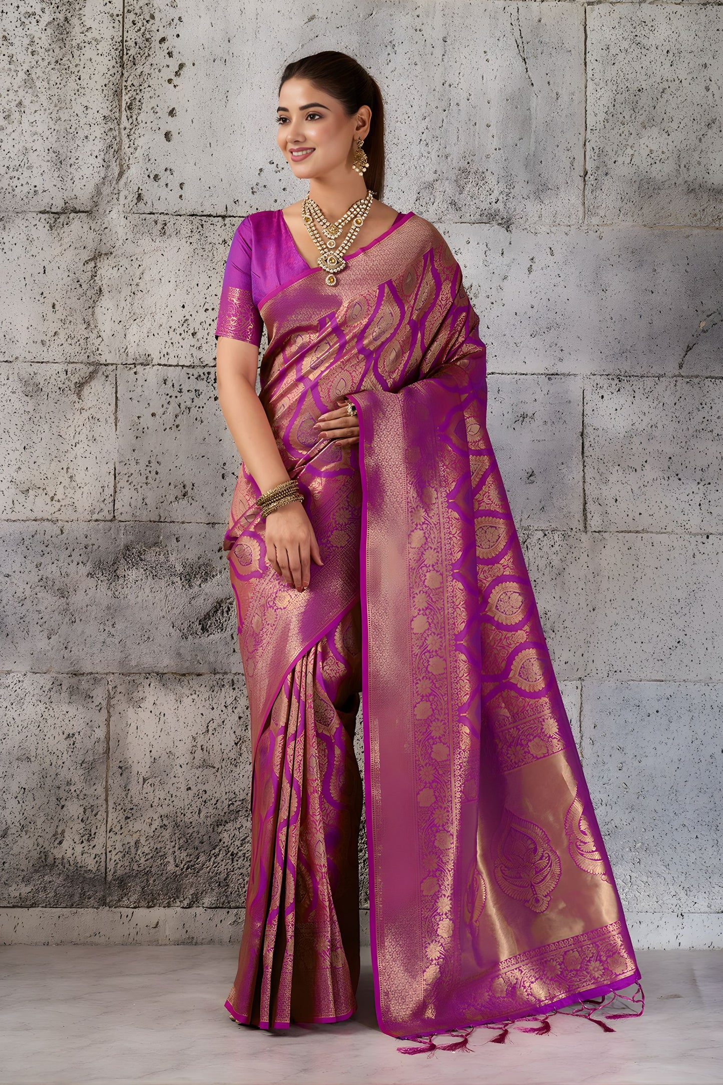 Royal Rani Pink Woven Saree Rich Zari Border Blouse Piece Festive Wear