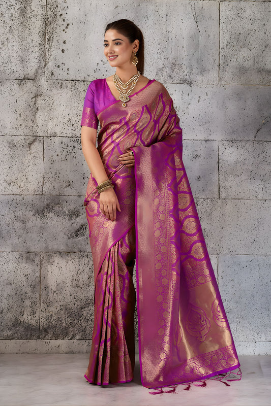 Royal Rani Pink Woven Saree Rich Zari Border Blouse Piece Festive Wear