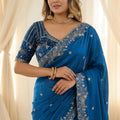 Royal Blue Fendy Satin Saree Heavy Embroidered Border Blouse Piece Wedding