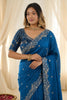 Royal Blue Fendy Satin Saree Heavy Embroidered Border Blouse Piece Wedding