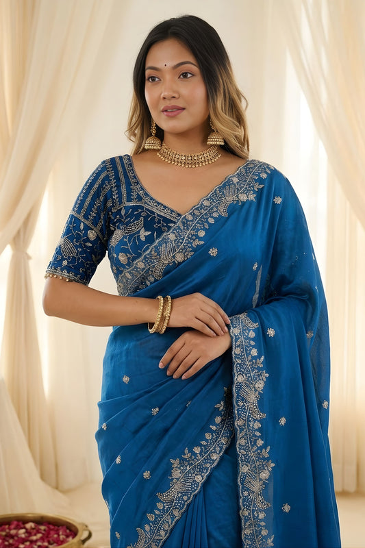 Royal Blue Fendy Satin Saree Heavy Embroidered Border Blouse Piece Wedding