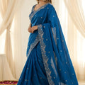 Royal Blue Fendy Satin Saree Heavy Embroidered Border Blouse Piece Wedding