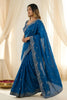 Royal Blue Fendy Satin Saree Heavy Embroidered Border Blouse Piece Wedding