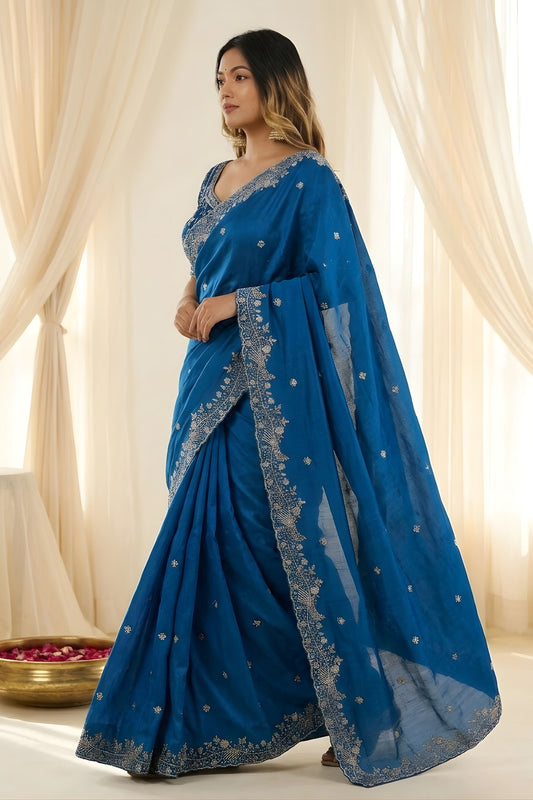 Royal Blue Fendy Satin Saree Heavy Embroidered Border Blouse Piece Wedding