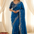 Royal Blue Fendy Satin Saree Heavy Embroidered Border Blouse Piece Wedding
