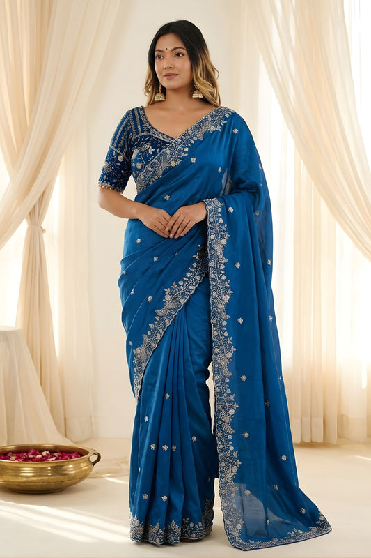 Royal Blue Fendy Satin Saree Heavy Embroidered Border Blouse Piece Wedding
