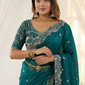 Elegant Teal Green Fendy Satin Saree Heavy Embroidered Blouse Piece For Wedding