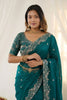 Elegant Teal Green Fendy Satin Saree Heavy Embroidered Blouse Piece For Wedding