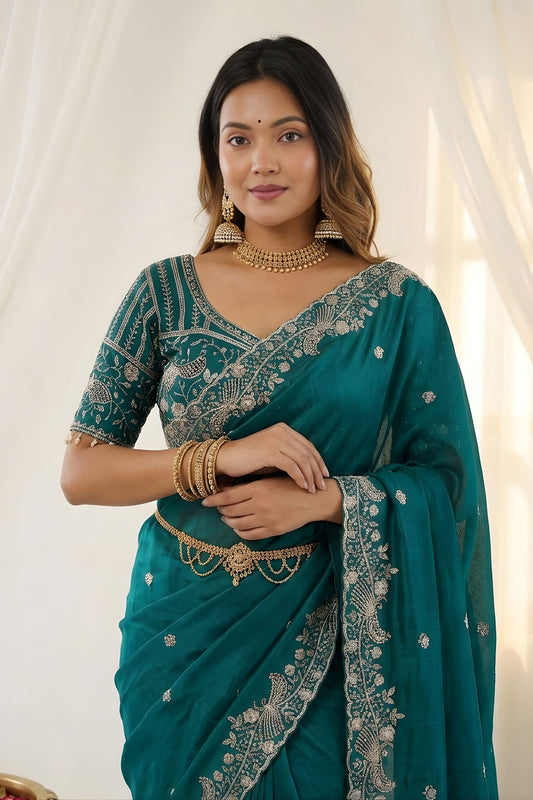 Elegant Teal Green Fendy Satin Saree Heavy Embroidered Blouse Piece For Wedding