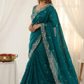 Elegant Teal Green Fendy Satin Saree Heavy Embroidered Blouse Piece For Wedding