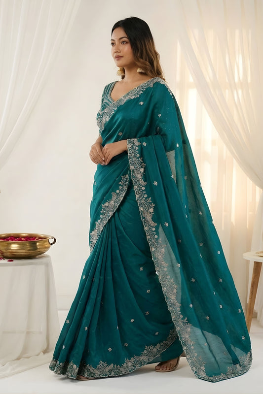 Elegant Teal Green Fendy Satin Saree Heavy Embroidered Blouse Piece For Wedding