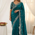Elegant Teal Green Fendy Satin Saree Heavy Embroidered Blouse Piece For Wedding