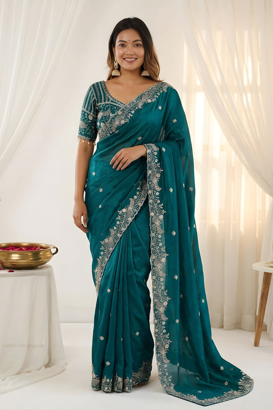 Elegant Teal Green Fendy Satin Saree Heavy Embroidered Blouse Piece For Wedding